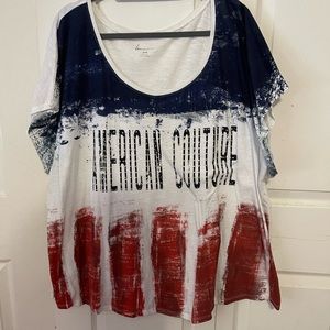 Lane Bryant 26/28 graphic tee, American couture writing, red, white, blue, worn